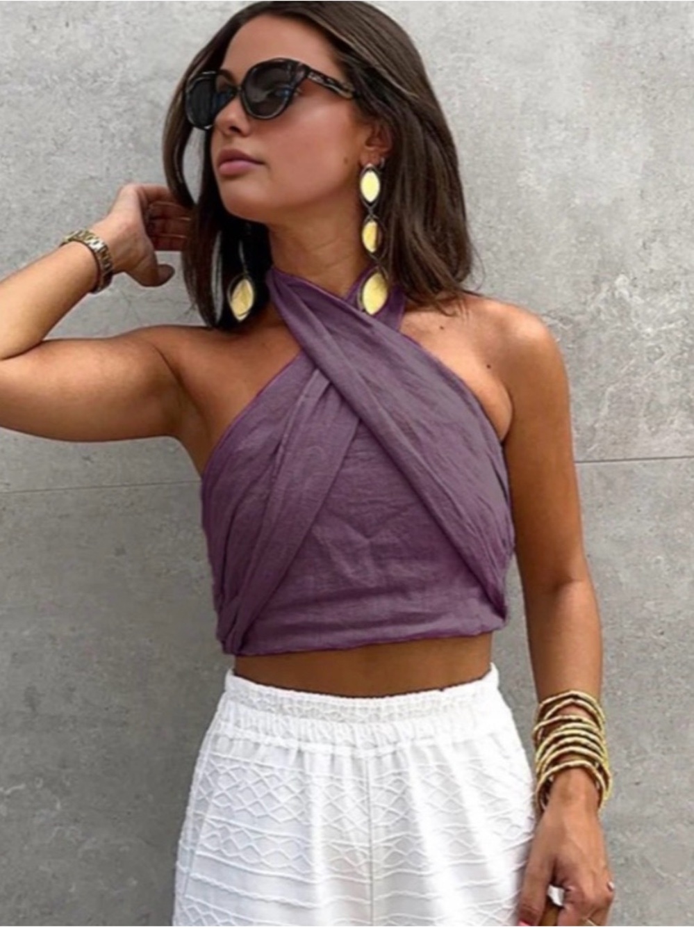 NWT Commense Linen Blend Purple Halter Wrap Tie Crop Top Summer Vacation S